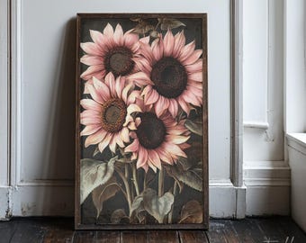 oeuvre d'art murale vintage tournesols roses, décoration d'intérieur fleur sombre du milieu universitaire, affiche de mauvaise humeur cottagecore, impression florale esthétique, imprimé et expédié