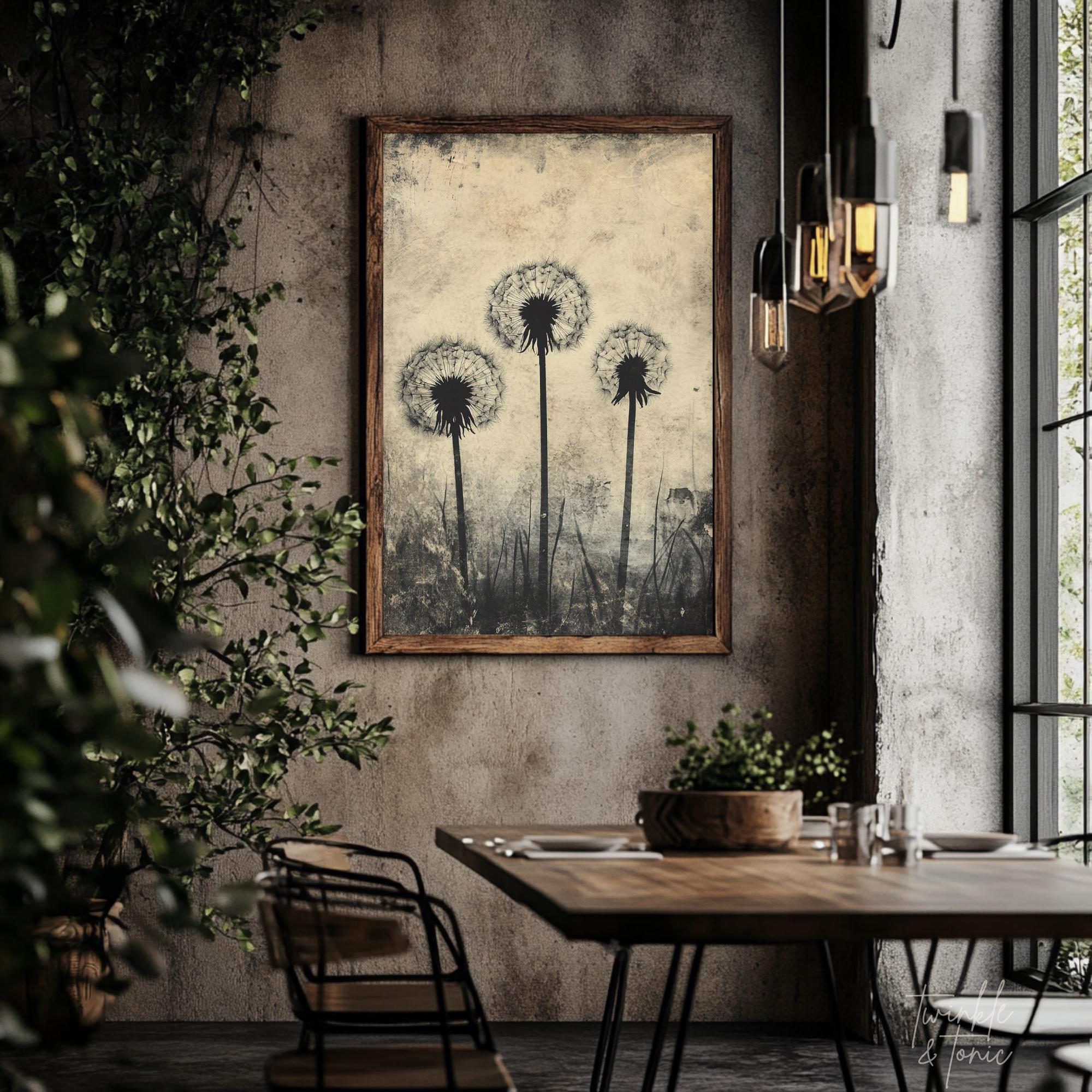 Vintage Dandelion Poster, Rustic Wildflower Art, Dark Academia Painting ...