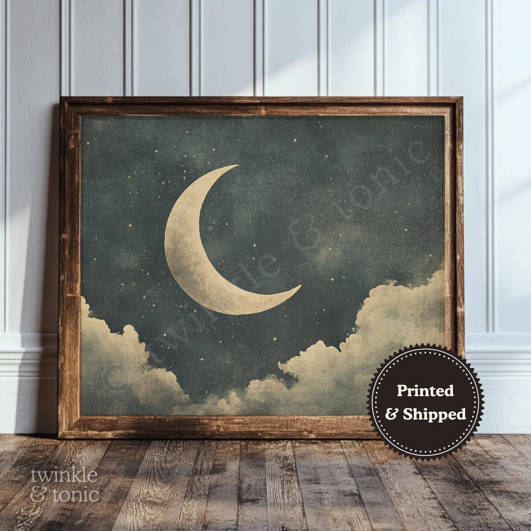 Vintage Crescent Moon Print, Celestial Night Sky Painting, Dark ...