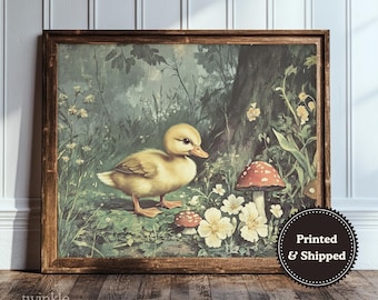 Vintage Baby Duck Print, Girls Nursery Decor, Rustic Baby Room Poster, Antique Kids Bedroom Art, Cottagecore Painting, Printed and Shipped