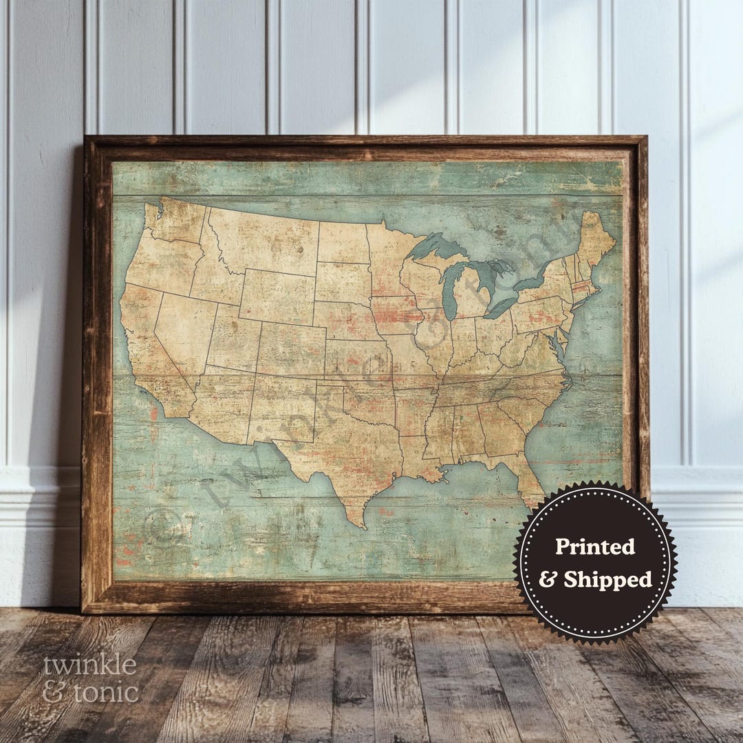 Vintage US Map Art, Rustic Classroom Print, Antique United States ...