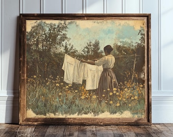 Vintage Clothesline Print, Moody Cottagecore Painting, Rustic Farmhouse Decor, Laundry Room Art, Wildflower Poster, Printed and Shipped