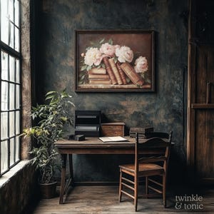 May include: A vintage-style interior scene featuring a wooden desk, chair, and a framed floral painting. The painting depicts pink peonies and old books. A potted plant and a window with a view add to the room's ambiance. The words "twinkle & tonic" are in the bottom right corner.