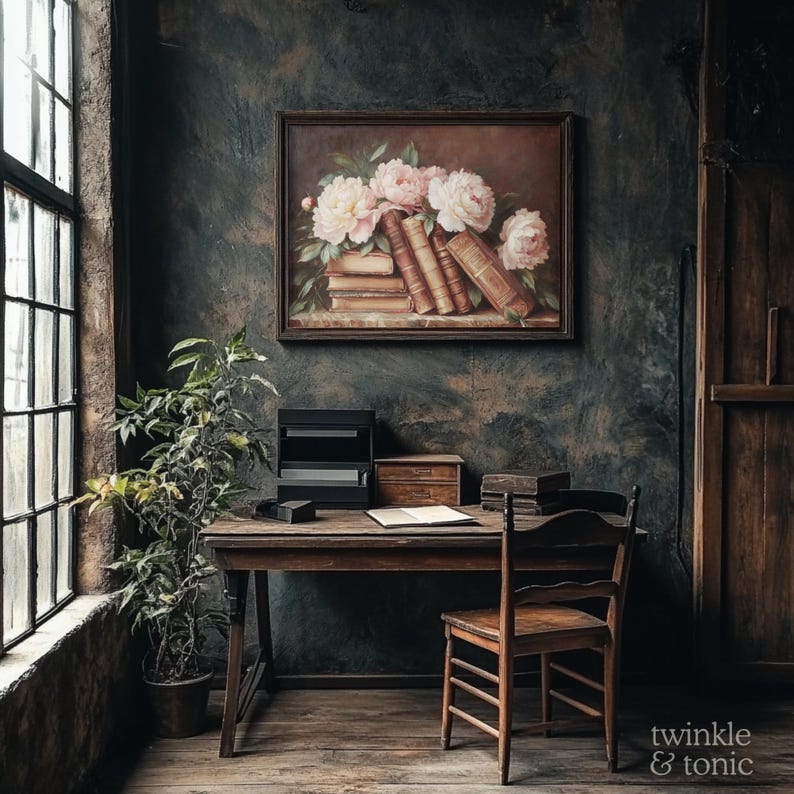 May include: A vintage-style interior scene featuring a wooden desk, chair, and a framed floral painting. The painting depicts pink peonies and old books. A potted plant and a window with a view add to the room's ambiance. The words "twinkle & tonic" are in the bottom right corner.