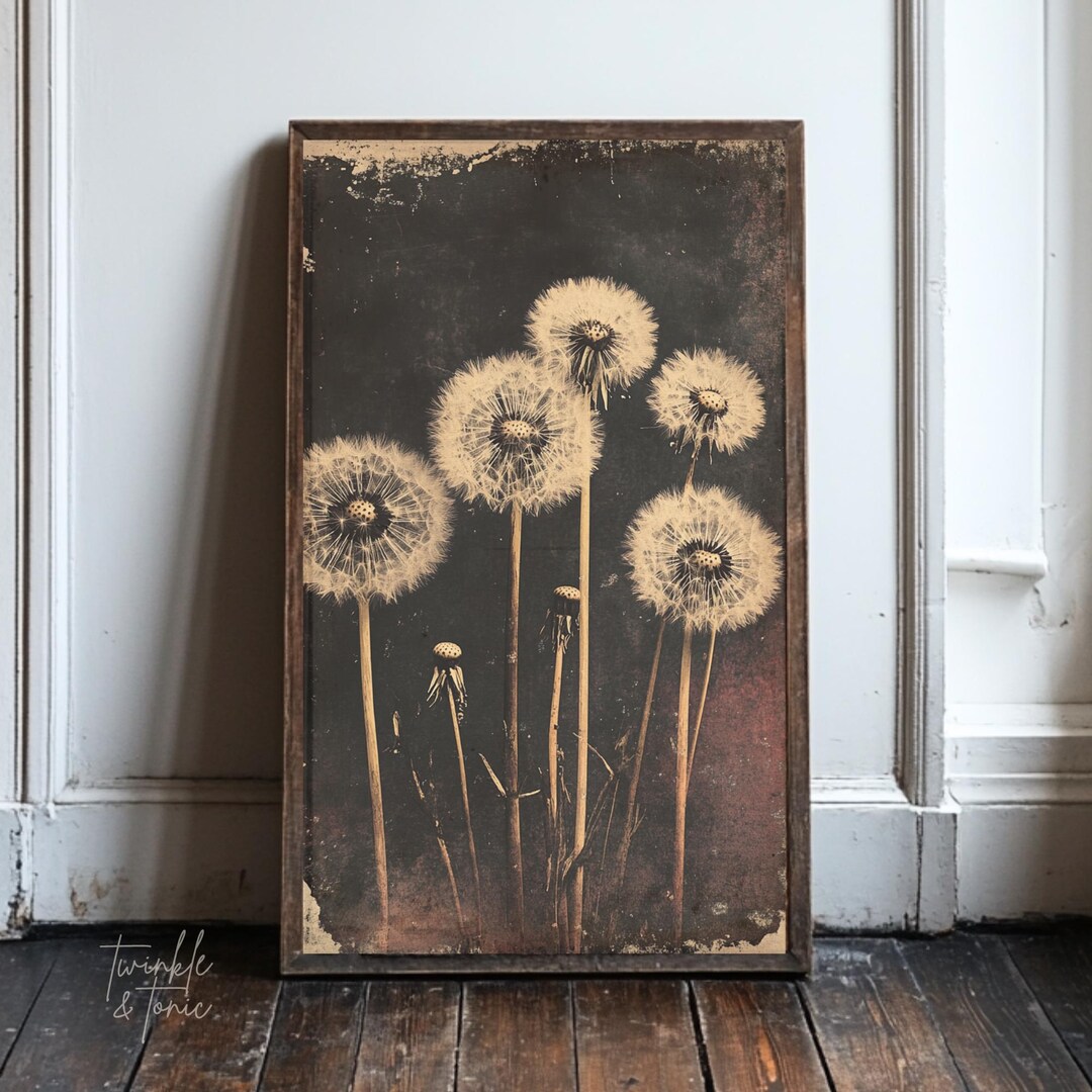 Vintage Dandelion Poster, Rustic Wildflower Art, Dark Academia Painting ...