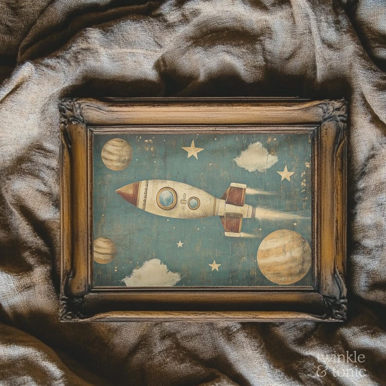 Vintage Rocket Ship Print, Boys Nursery Decor, Rustic Baby Room Poster ...