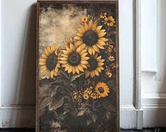 Art mural tournesols vintage, décoration d'intérieur florale sombre, affiche cottagecore de mauvaise humeur, impression esthétique florale rustique, imprimé et expédié