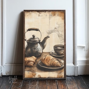 French Breakfast Kitchen Poster, Farmhouse Decor, Vintage Still Life Painting, Moody Wall Art, Country Cottage Print, Printed and Shipped