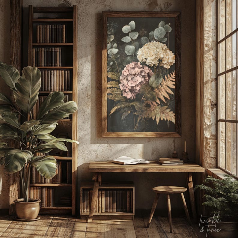 Vintage Hydrangeas Wall Art, Flower Dark Academia Home Decor, Moody ...