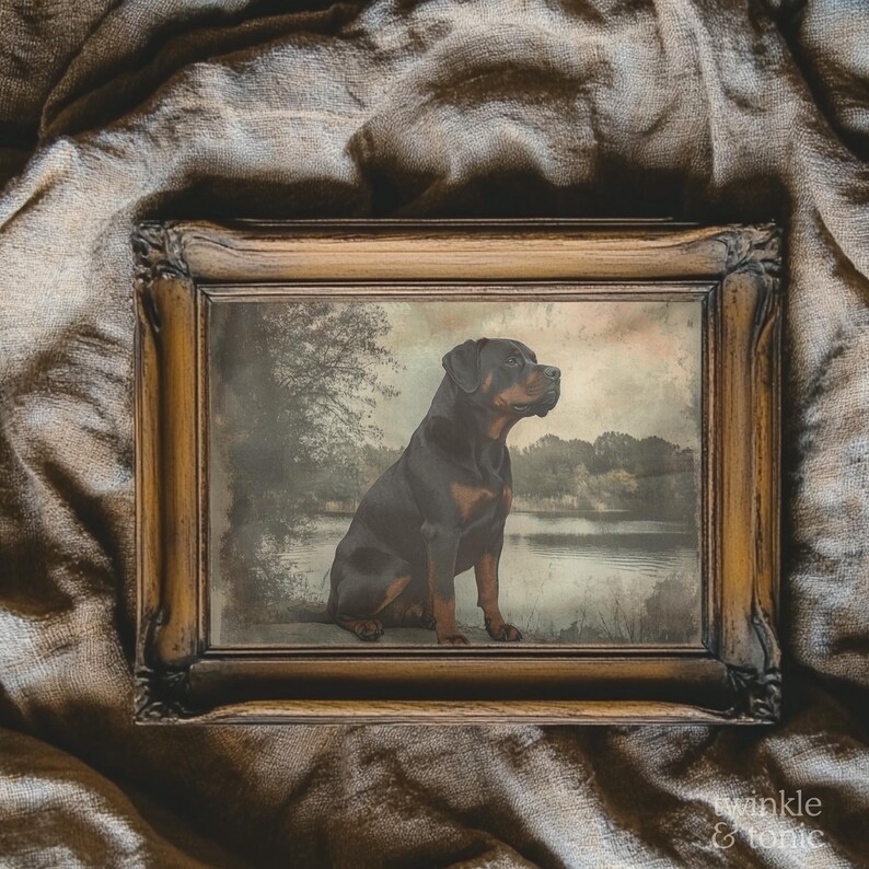 May include: A framed print featuring a Rottweiler dog sitting by a lake. The dog is black and tan, with a detailed depiction of the dog's fur and features. The frame is ornate, with a warm, brown finish, and the background is a soft, muted landscape.
