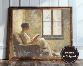 Vintage Book Lover Print, Rustic Library Decor, Light Academia Painting, Moody 19th Century Poster, Woman Reading Art, Printed and Shipped