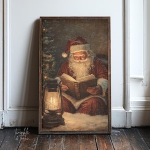 Vintage Santa Claus Wall Print, Santa Reading Book, Cozy Christmas Decor, Rustic Holiday Decor, Moody Christmas Print, Printed and Shipped