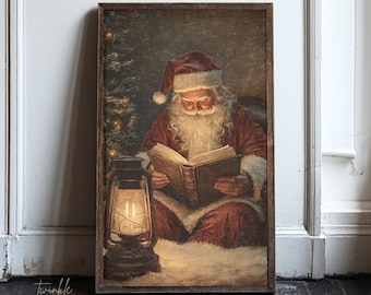 Vintage kerstman muurprint, kerstman leesboek, gezellig kerstdecor, rustiek vakantiedecor, humeurige kerstprint, gedrukt en verzonden