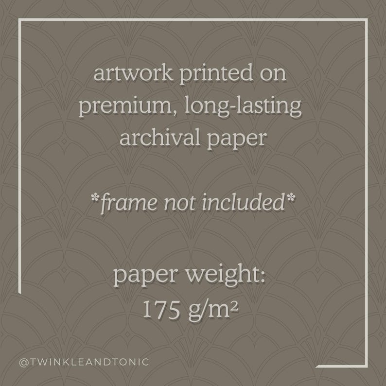 Puede incluir: Obra de arte impresa en papel de archivo premium y duradero. El peso del papel es de 175 g/m&sup2;. El texto dice "marco no incluido". El fondo es un dise&ntilde;o.