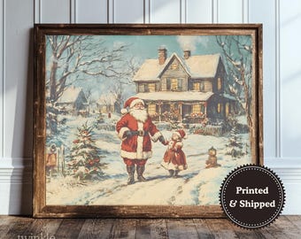 Vintage kerstmanschilderij, rustieke vakantiemuurkunst, boerderijprint, kersthuisdecoratie, gezellige winterposter, gedrukt en verzonden