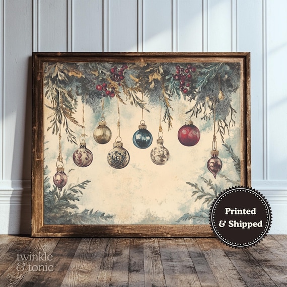 Vintage Ornaments Print, Garland Wall Art, Cozy Christmas Decor, Rustic Holiday Poster, Moody Retro Farmhouse Print, Printed and Shipped