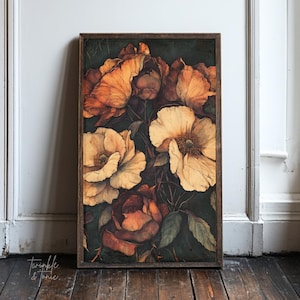 Vintage Fall Floral Wall Art, Dark Autumn Flower Home Decor, Moody Botanical Poster, Rustic Thanksgiving Print, Printed and Shipped