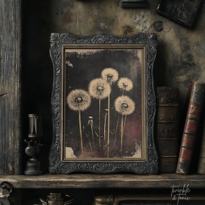 Vintage Dandelion Poster, Rustic Wildflower Art, Dark Academia Painting ...