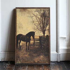 peinture cheval noir vintage, art mural ferme rustique, impression académique sombre, décoration esthétique ancienne, impression de mauvaise humeur, téléchargement numérique