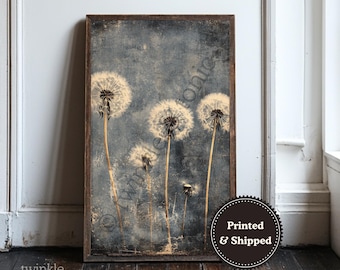 Vintage Dandelion Poster, Rustic Wildflower Art, Dark Academia Painting, Antique Landscape Decor, Moody Wall Print, Printed and Shipped