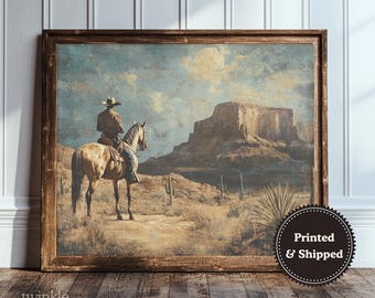 Vintage Cowboy Wall Art, Western Ranch Print, Antique Desert Painting, Muted Country Decor, Southwestern Poster, Printed and Shipped
