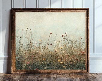 Autumn Wildflowers Print, Moody Fall Painting, Rustic Farmhouse Decor, Muted Autumn Field Art, Vintage Pastoral Poster, Printed and Shipped