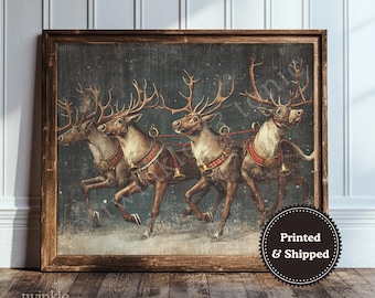 Vintage kerstrendier schilderij, rustieke vakantie kunst aan de muur, boerderij print, humeurig kerst decor, antieke cottage poster gedrukt en verzonden