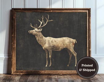 May include: A framed print of a stag illustration with prominent antlers, presented in a vintage style. The stag has a distressed, textured look, set against a dark backdrop. The artwork is enclosed within a rustic wooden frame, suitable for home decor.
