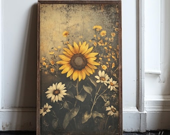 Art mural tournesols vintage, décoration d'intérieur florale sombre, affiche cottagecore de mauvaise humeur, impression esthétique florale rustique, imprimé et expédié
