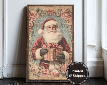 Vintage kerstmanprint, rustieke vakantiemuurkunst, antiek Victoriaans schilderij, bloemenhuisdecoratie, kerstposter, gedrukt en verzonden