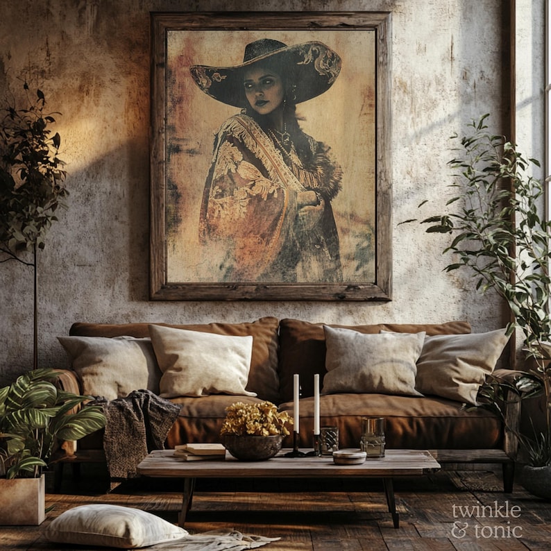 May include: A framed vintage print of a woman wearing a large hat and shawl, hanging above a brown leather sofa with beige pillows. The room has a rustic, bohemian aesthetic with plants and a wooden coffee table.