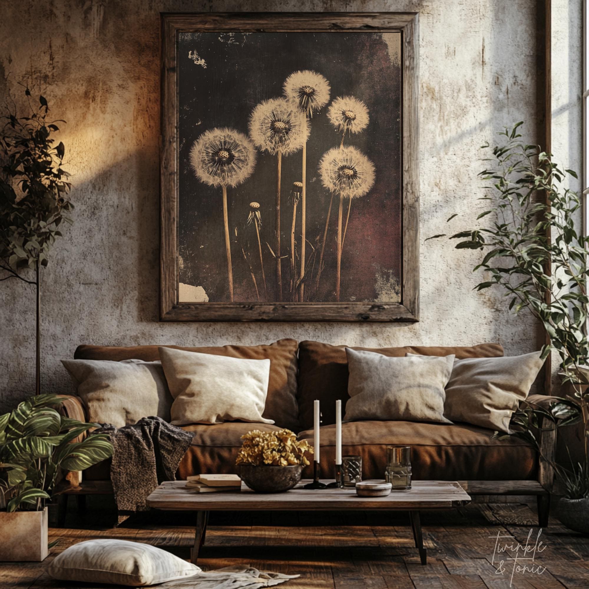 Vintage Dandelion Poster, Rustic Wildflower Art, Dark Academia Painting ...