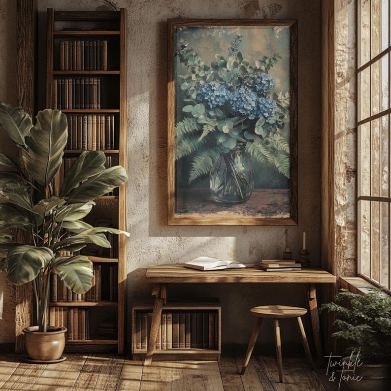 Vintage Blue Hydrangeas Wall Art, Flower Dark Academia Decor, Moody ...
