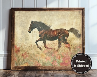 Impresión de caballo vintage, decoración de flores silvestres, póster floral estilo cottagecore, arte rústico de granja, pintura equina antigua, impreso y enviado.