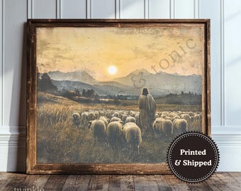 Good Shepherd Art, Christian Home Decor, Vintage Jesus Poster, Summer Landscape Print, Rustic Farmhouse Painting, Printed and Shipped