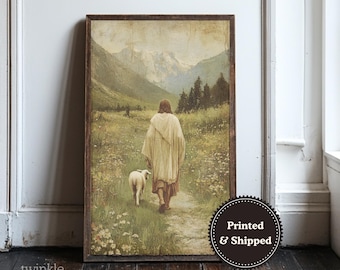 Good Shepherd Art, Christian Home Decor, Vintage Jesus Poster, Religious Lamb Print, Rustic Farmhouse Painting, Printed and Shipped
