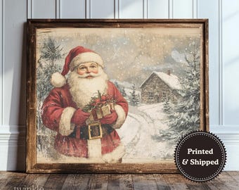 Vintage kerstmanschilderij, rustieke vakantiemuurkunst, boerderijprint, kersthuisdecoratie, gezellige winterposter, gedrukt en verzonden