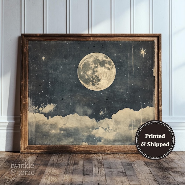 Vintage Full Moon Print, Celestial Night Sky Painting, Dark Academia Decor, Rustic Cosmic Art, Moody Muted Poster, Printed and Shipped
