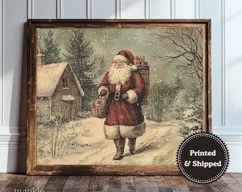 Vintage kerstmanschilderij, rustieke vakantiemuurkunst, boerderijprint, kersthuisdecoratie, gezellige winterposter, gedrukt en verzonden