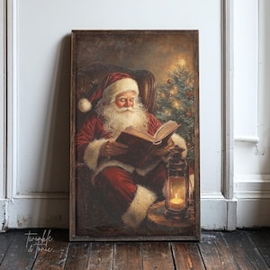 Vintage Santa Claus Wall Print, Santa Reading Book, Cozy Christmas Decor, Rustic Holiday Decor, Moody Christmas Print, Printed and Shipped