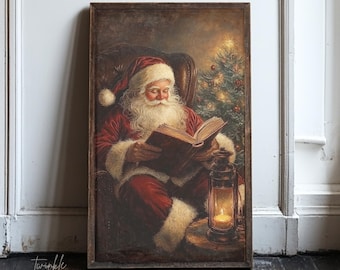 Vintage kerstman muurprint, kerstman leesboek, gezellig kerstdecor, rustiek vakantiedecor, humeurige kerstprint, gedrukt en verzonden