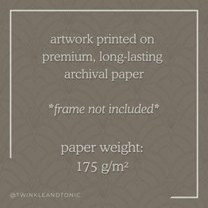 May include: Artwork printed on premium, long-lasting archival paper. The paper weight is 175 g/m&sup2;. The text on the image says "frame not included". The background has a decorative pattern.