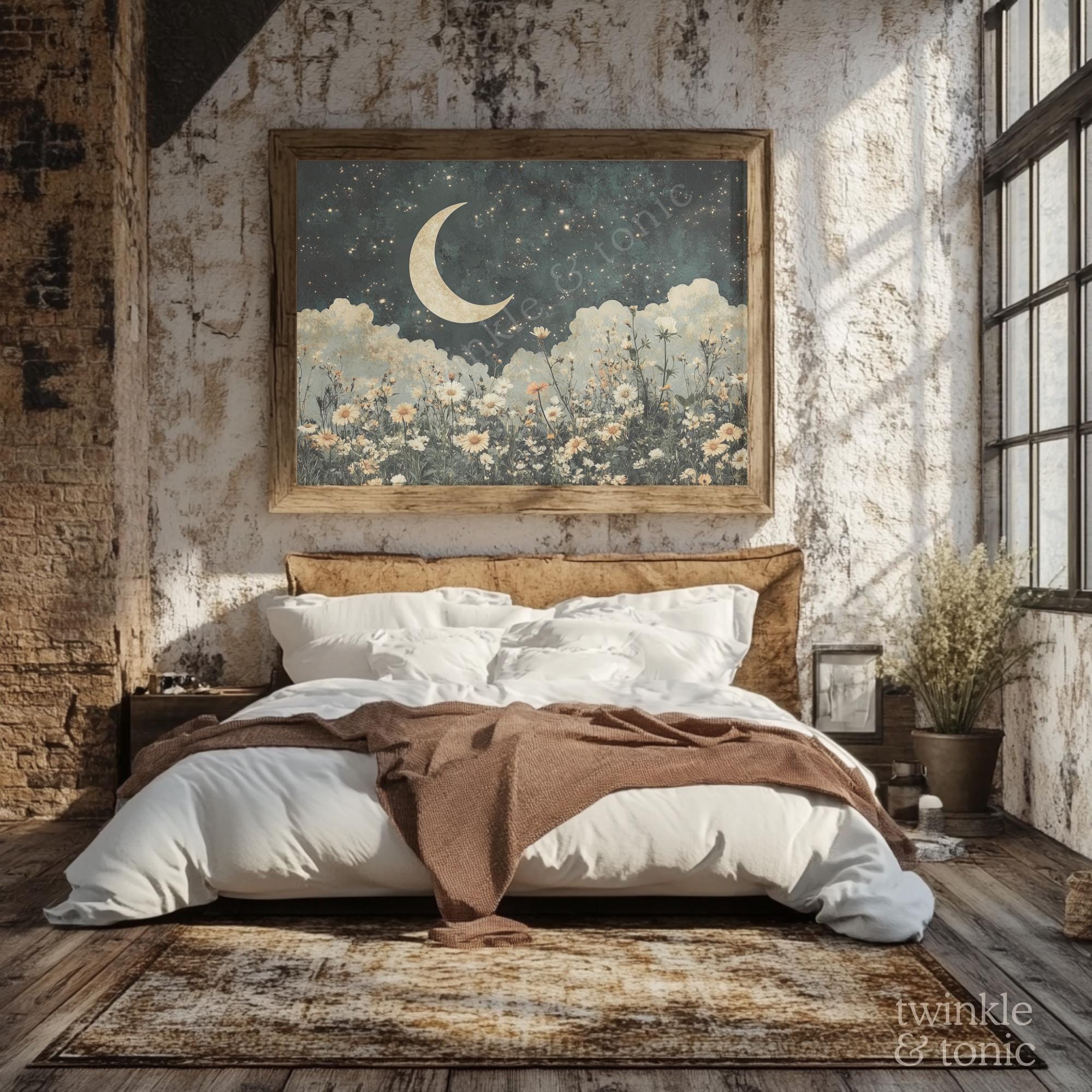 Vintage Crescent Moon Print, Celestial Night Sky Painting, Whimsigoth ...