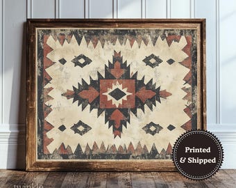 Vintage Southwestern Art, Rustic Lodge Poster, Boho Farmhouse Decor, Rustic Western Art, Antique Aztec Textile Painting, Printed and Shipped