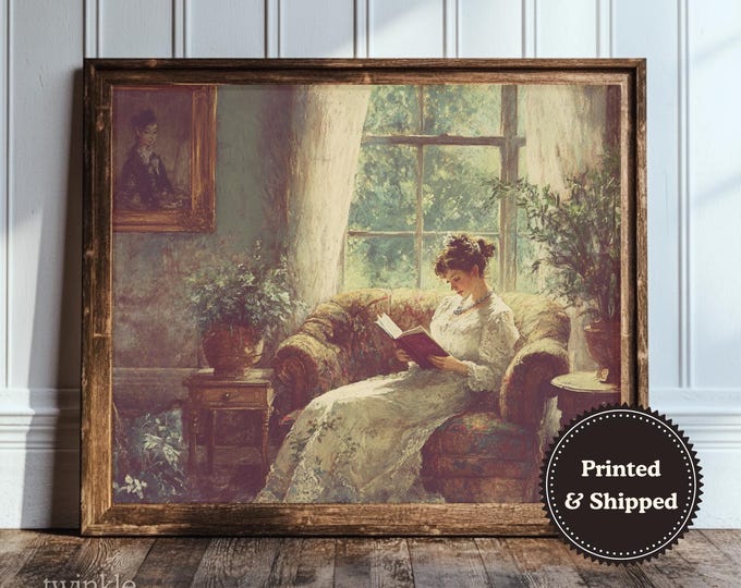 Vintage Book Lover Print, Rustic Library Decor, Light Academia Painting, Moody 19th Century Poster, Woman Reading Art, Printed and Shipped