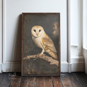 Arte de pared de búho vintage, decoración del hogar de Dark Academia, póster de naturaleza melancólica, impresión de pájaro gótico neutro, pintura de vida silvestre impresa y enviada