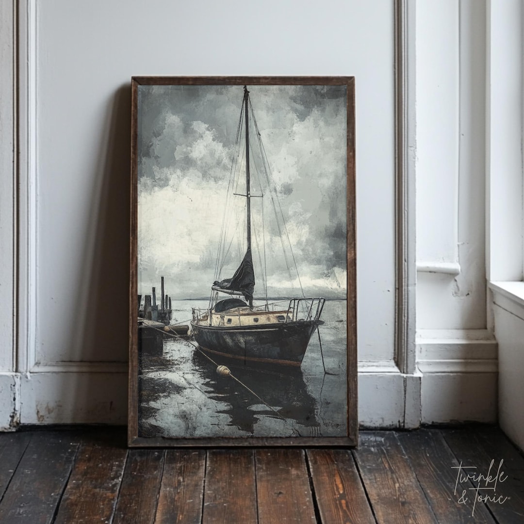 Vintage Sailboat Painting, Nautical Wall Art, Coastal Ship Print ...