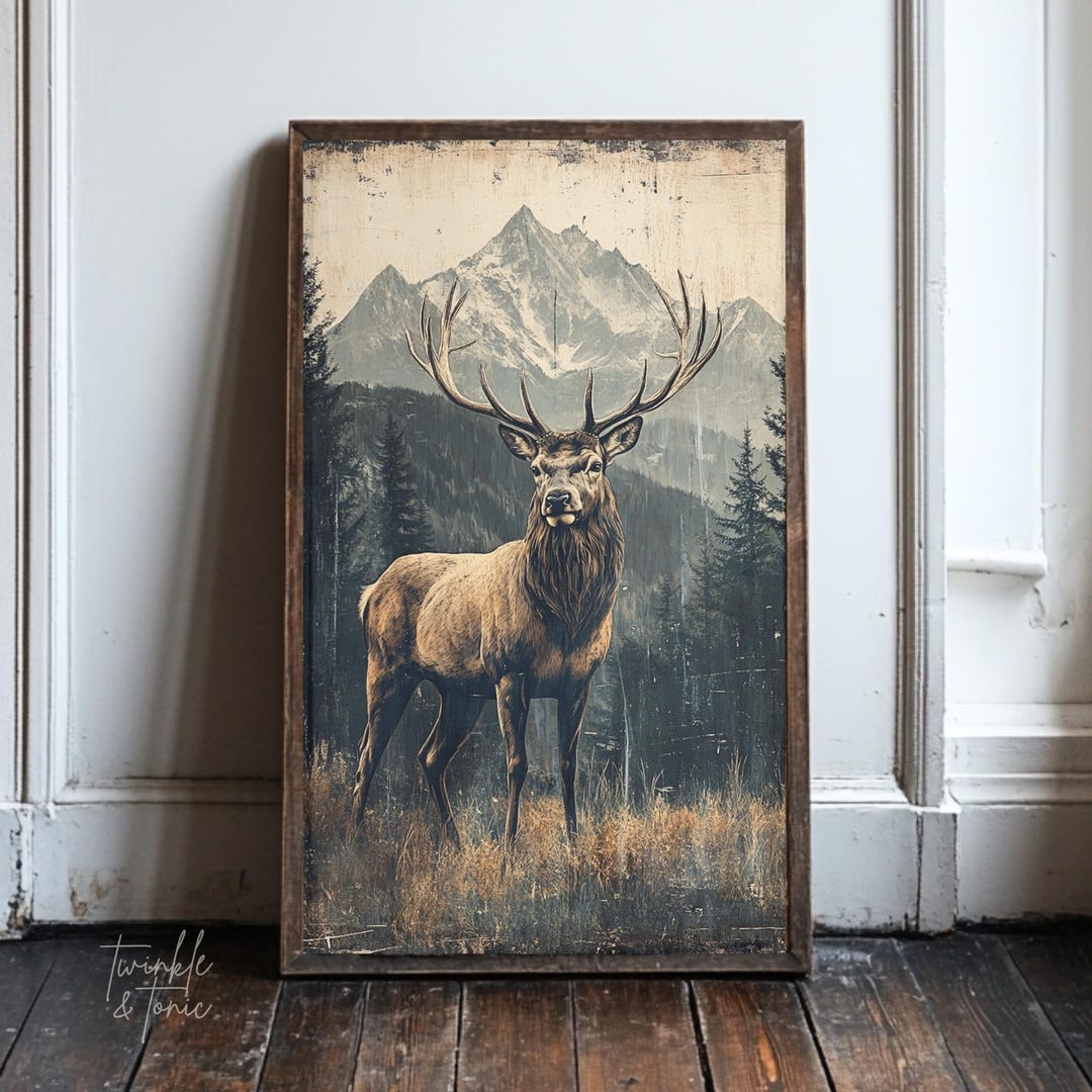 Vintage Deer Poster, Rustic American Art, Farmhouse Landscape Painting ...