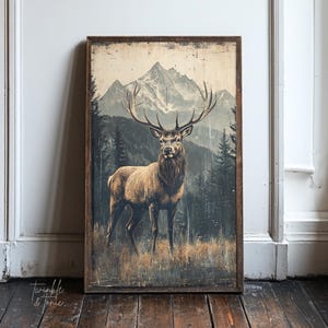 Vintage Hirsch Poster, rustikale amerikanische Kunst, Bauernhaus Landschaftsmalerei, antikes Cabin Decor, launischer Tierdruck, gedruckt und ausgeliefert