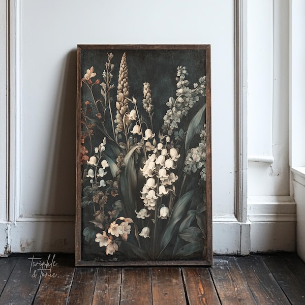 Vintage Lilies of the Valley Wall Art, Martwa natura Dark Academia Decor, Moody Antique Print, Rustykalny estetyczny plakat, Wydrukowano i wysłano